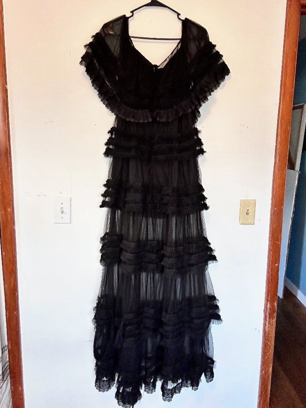 San Joy Black Layered Ruffle Mesh Maxi Dress